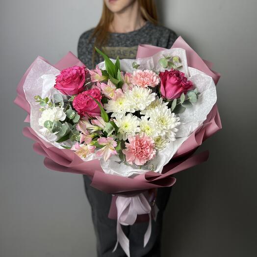 St bouquet 143 с пион. розами, розовой альстромерией и кустовой хризантемой