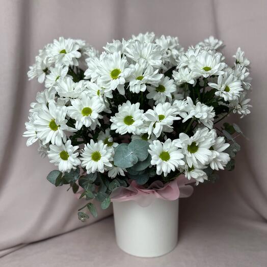 7 кустовых хризантем с эвкалиптом в шляпной коробке