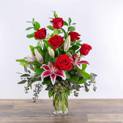 Valentines Dat Red Roses and Pink Lily Vase