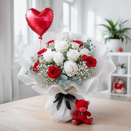 Valentines Day Red and Wgite Roses Boquuet, with Red Heart and Red Teddy Arrangement