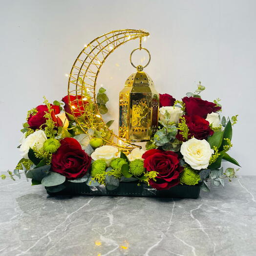 Floral Arrangement with Red Roses, LED Crescent Moon and Tray