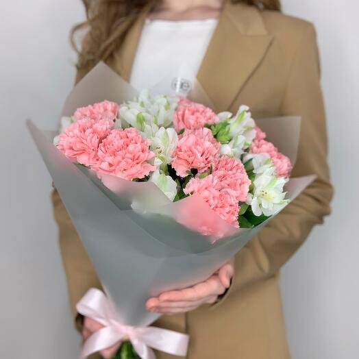 Дуобукет из розовых гвоздик и белых альстромерий