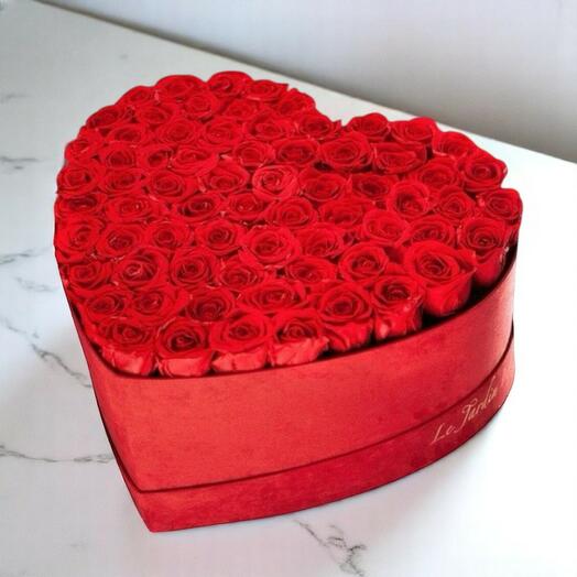 Never Ending Love Red Heart Box – 60 Preserved Red Roses in Luxury Suede Box