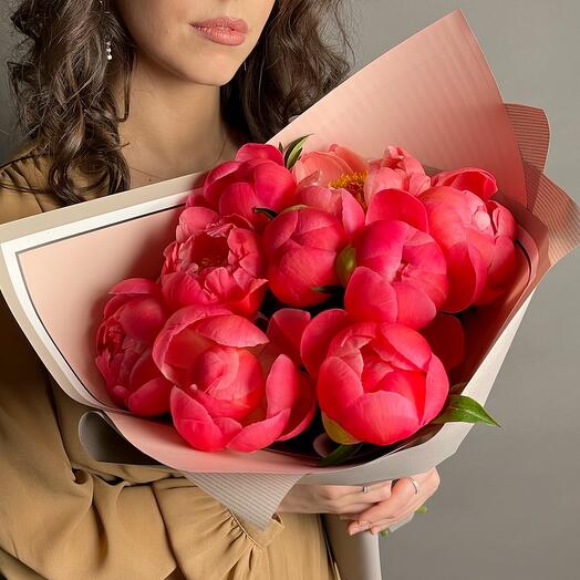 Коралловые Пионы 9 шт. Букет F099 Цветы Столицы