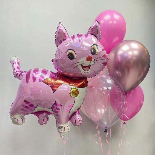 Розовая кошечка с 5 шарами
