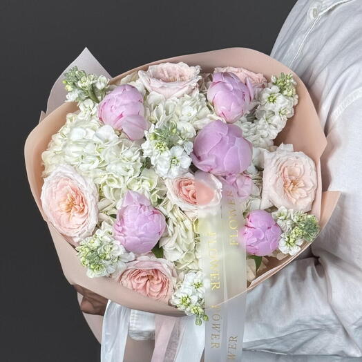 Golden Meadow: Medium Size Bouquet of Hydrangea, Peonies, Roses, Matthiola