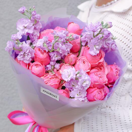 Пионовидные розы Сильва Пинк и ароматная кустовая маттиола 💜