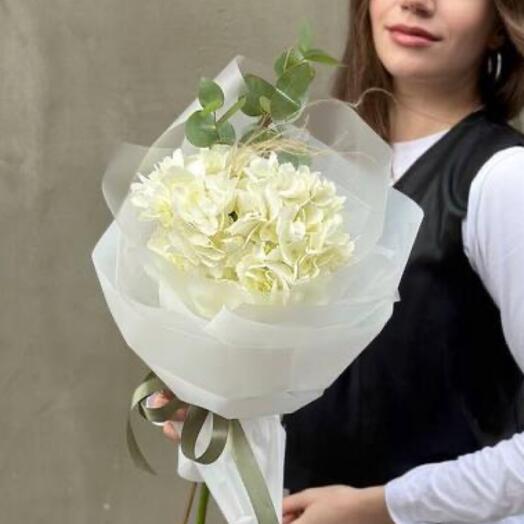 Bouquet of white hydrangea and eucalyptus