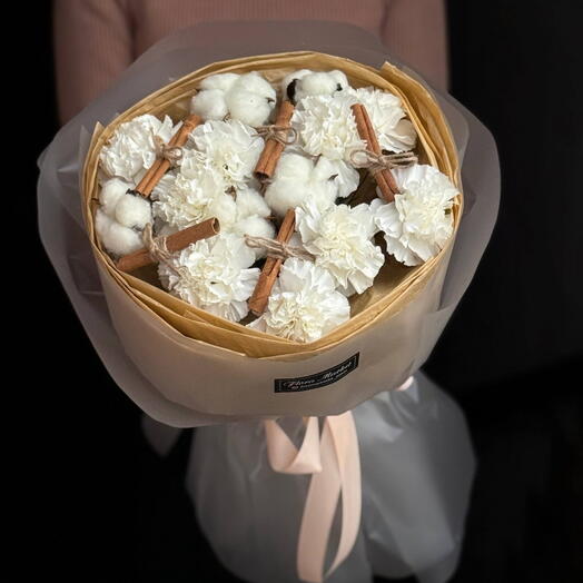 Букет с диантусом,хлопком и ароматными палочками корицы от Флора Маркет