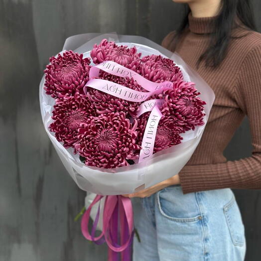 9 винных хризантем бигуди моно букет