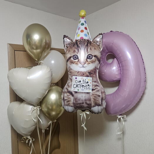 Набор шаров кремовые,бежевые и золото хром ,котик,кошка,котенок на 9 лет дочки,девочки-9шаров