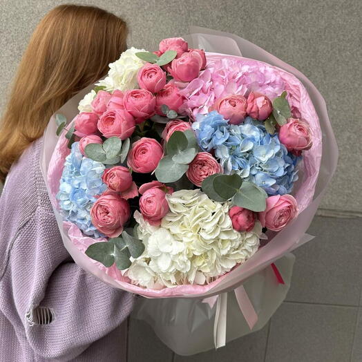 😍😍😍 Букет цветов с голубыми Гортензиями и Пионовидными розами Silva Pink