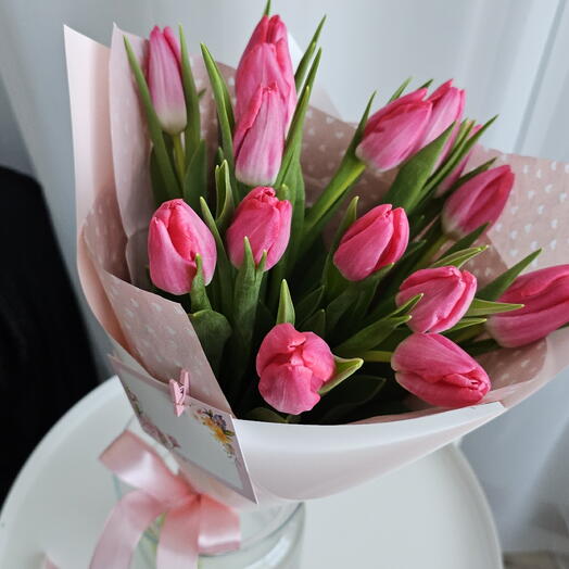 Bouquet of pink tulips,  15 pcs