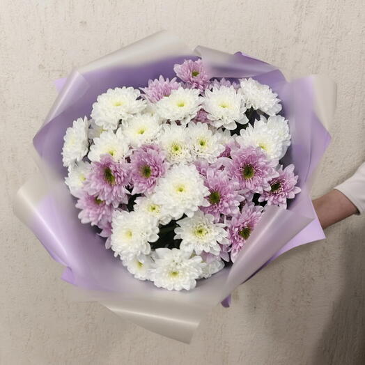 Букет из белых и розовых кустовых хризантем