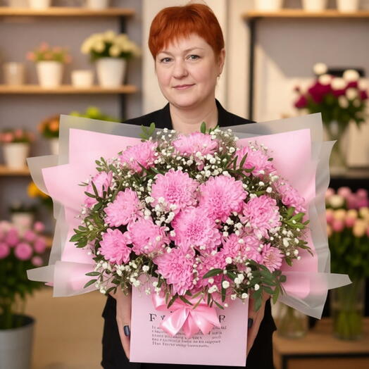 🌸Розовый фреш🌸Розовая Хризантема с белой гипсофилой и зеленью 🌸