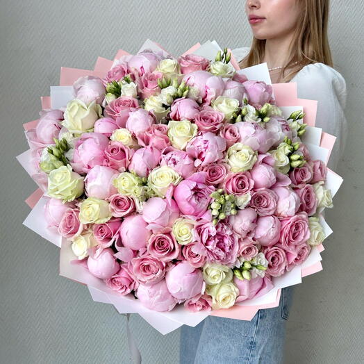 Премиум букет с пионами, Сара Бернар, арт 100 Flower Perfect