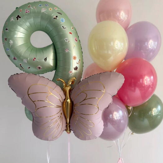 Воздушные шары девочке 9 лет 🎈 Цифра 9, бабочка и фонтан из 10 шаров с доставкой