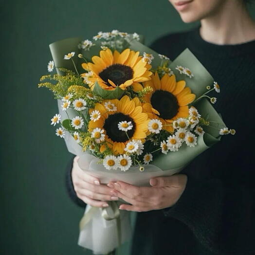 🌻Минималистичный букет из подсолнухов и ромашек 008