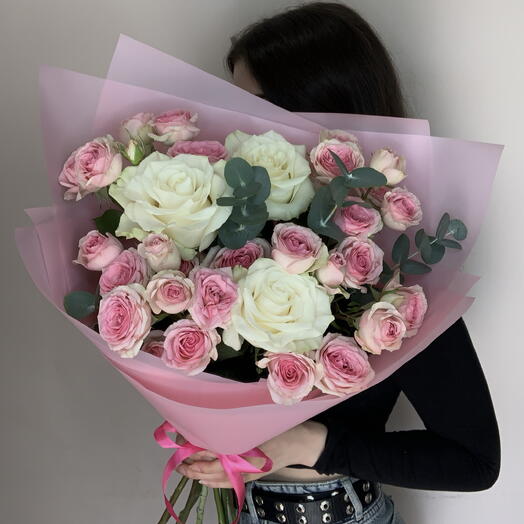 🌸 Pink Angels 🌸
Роза белая, роза кустовая, эвкалипт