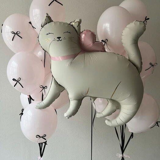 Шар фигурка кошка с 1 шт и латексные шары с бантиками 12