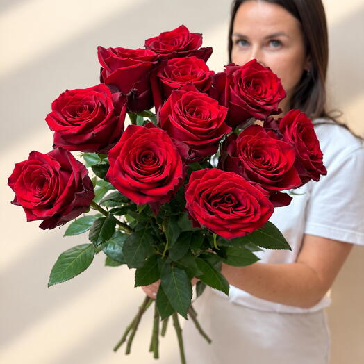 🌹 11 крупных красных роз Эквадор на ленте