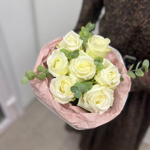 White roses with eucalyptus
