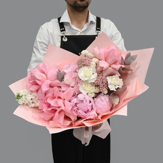 Romantic bouquet with peonies and French rose