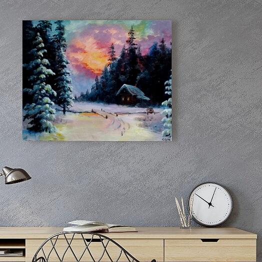 «Сказочный домик в зимнем лесу» картина в интерьер