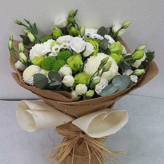 Enchanted Garden Whispers: White Deco, Green Chrysanthemums, Estoma, Santini   Seasonal Greens