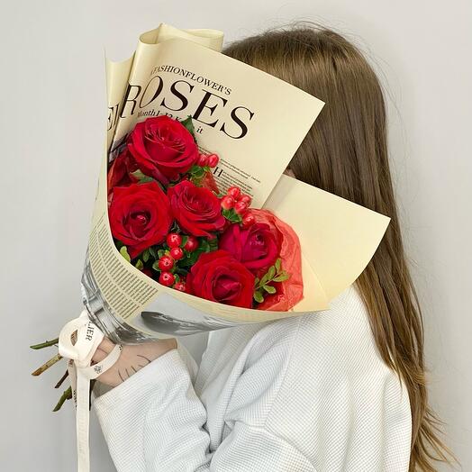 Cranberry Sherbet Bouquet of red naomi and Hypericum red roses