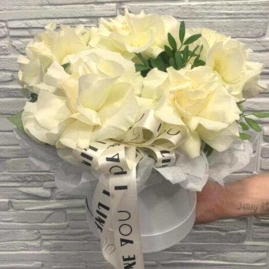 French white roses in a hatbox