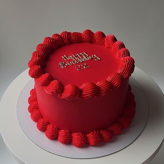 Торт на 1 кг в красном цвете с рюшками "Happy birthday"