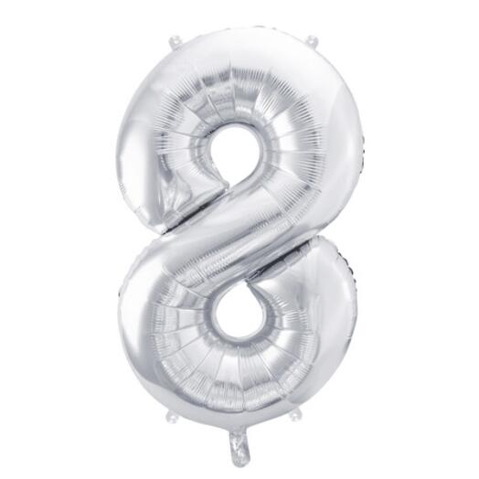 Srebrny balon foliowy w kształcie cyfry 8