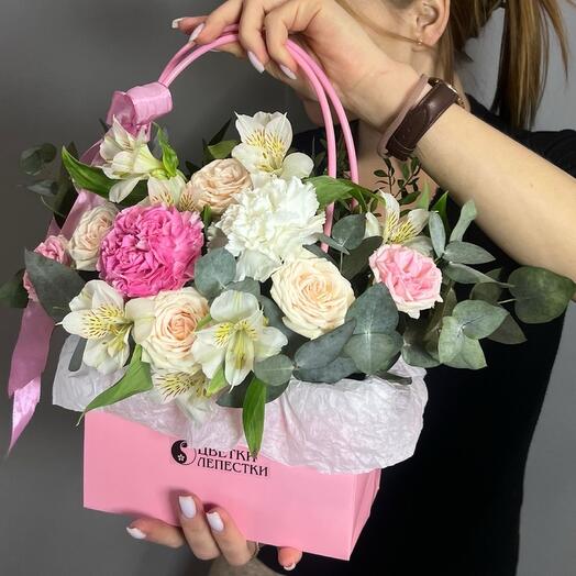 Alstroemeria and roses in a box