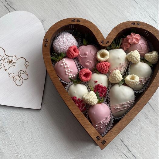 Chocolate-covered strawberries in a box with a heart for Her