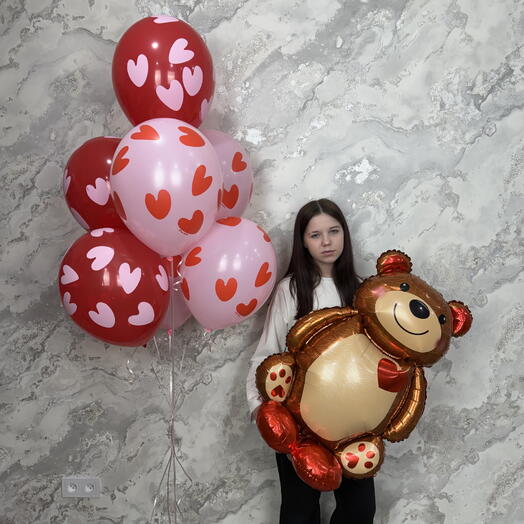 Фонтан из 7 Шаров с рисунком «сердца фантазийный» и мишка воздушный