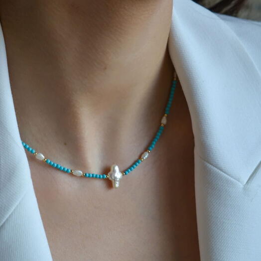Turquoise and pearl  necklace with cross