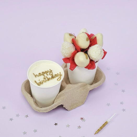Bento cake in a glass and strawberries in white chocolate Happy Birthday, a gentle gift for a girl, a friend