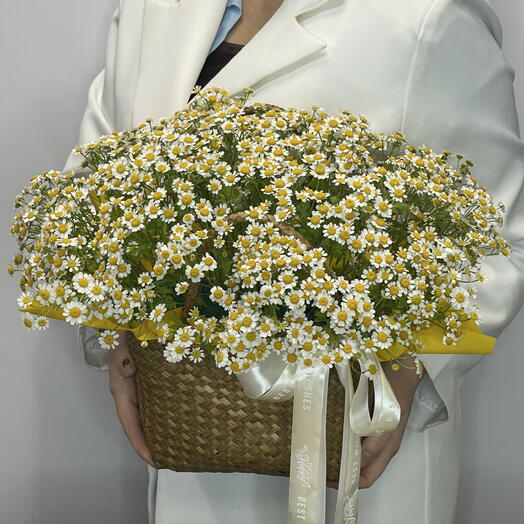 Стильная корзина с ароматной кустовой ромашкой