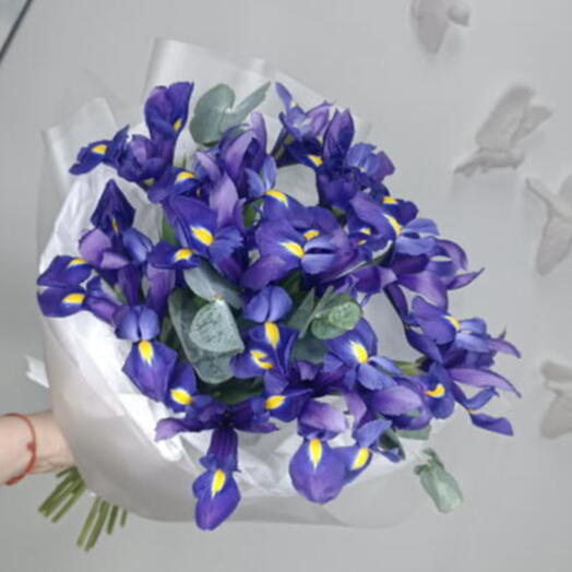 Букет 15 ирисов с эвкалиптом