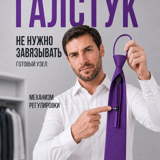 Фальшгалстук фиолетовый мужской узкий из полиэстера на затяжке в полоску