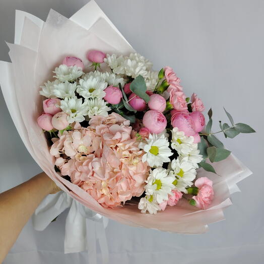 🌸Нежный букет "PERVOЦВЕТ" из гортензии, пионовидных роз, диантусов и ромашек в оформлении В НАЛИЧИИ🌸