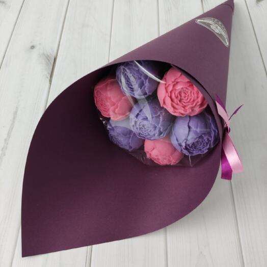 Chocolate bouquet of peonies in designer paper