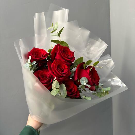 6 Red Roses with Eucalyptus