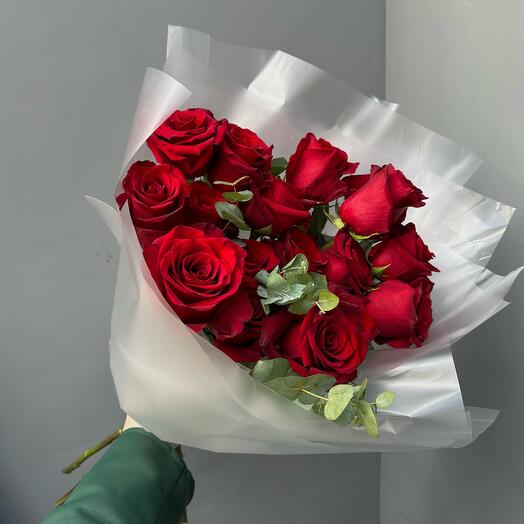 12 Dozen Red Roses with Eucalyptus