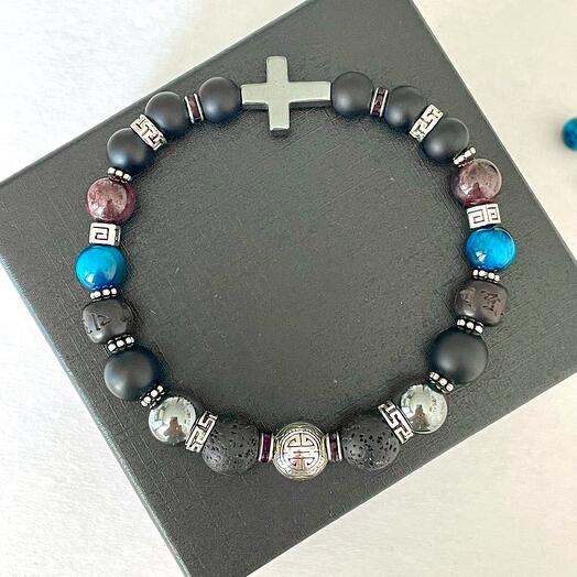 Браслет чоловікові "чотири стихії" з натуральних каменів з мантрою для багатства і достатку