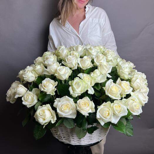 A basket with 101 white Roses. Bouquet F041 Flowers of the Capital