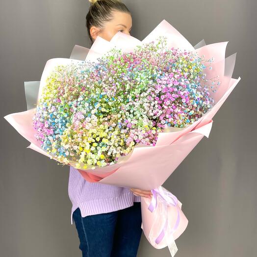 A large bright bouquet with colorful Gypsophila