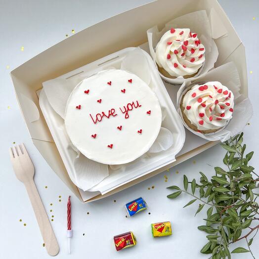 Набор бенто торт и капкейки "love you" в подарок на 14 февраля, день влюбленных