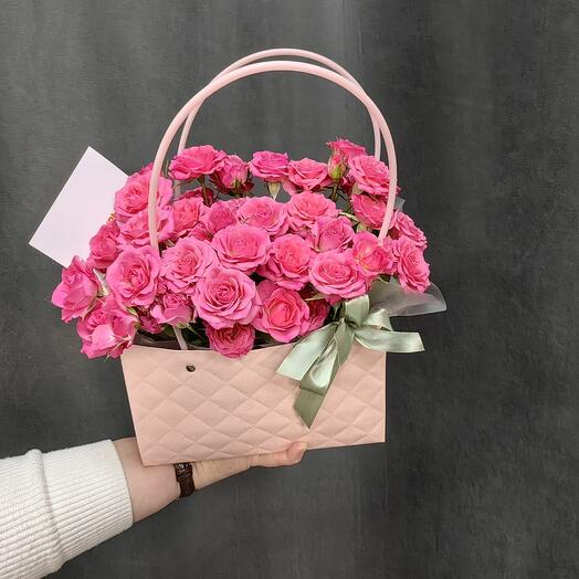 Flowers in a handbag box, A composition of bush roses